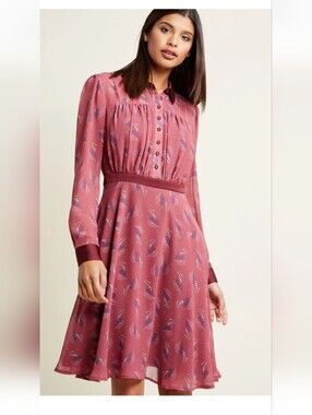 ModCloth Chiffon Sheer Shirt Dress  Maroon Red  Floral Long Sleeve Large